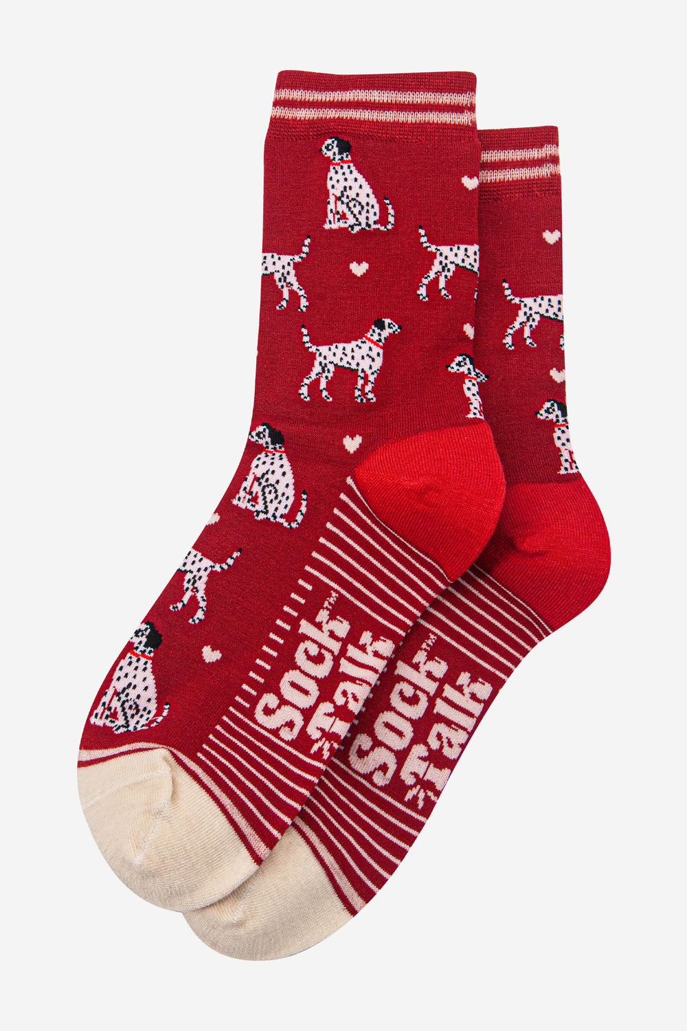 womens-bamboo-socks-red-cream-dalmatians-laying-flat