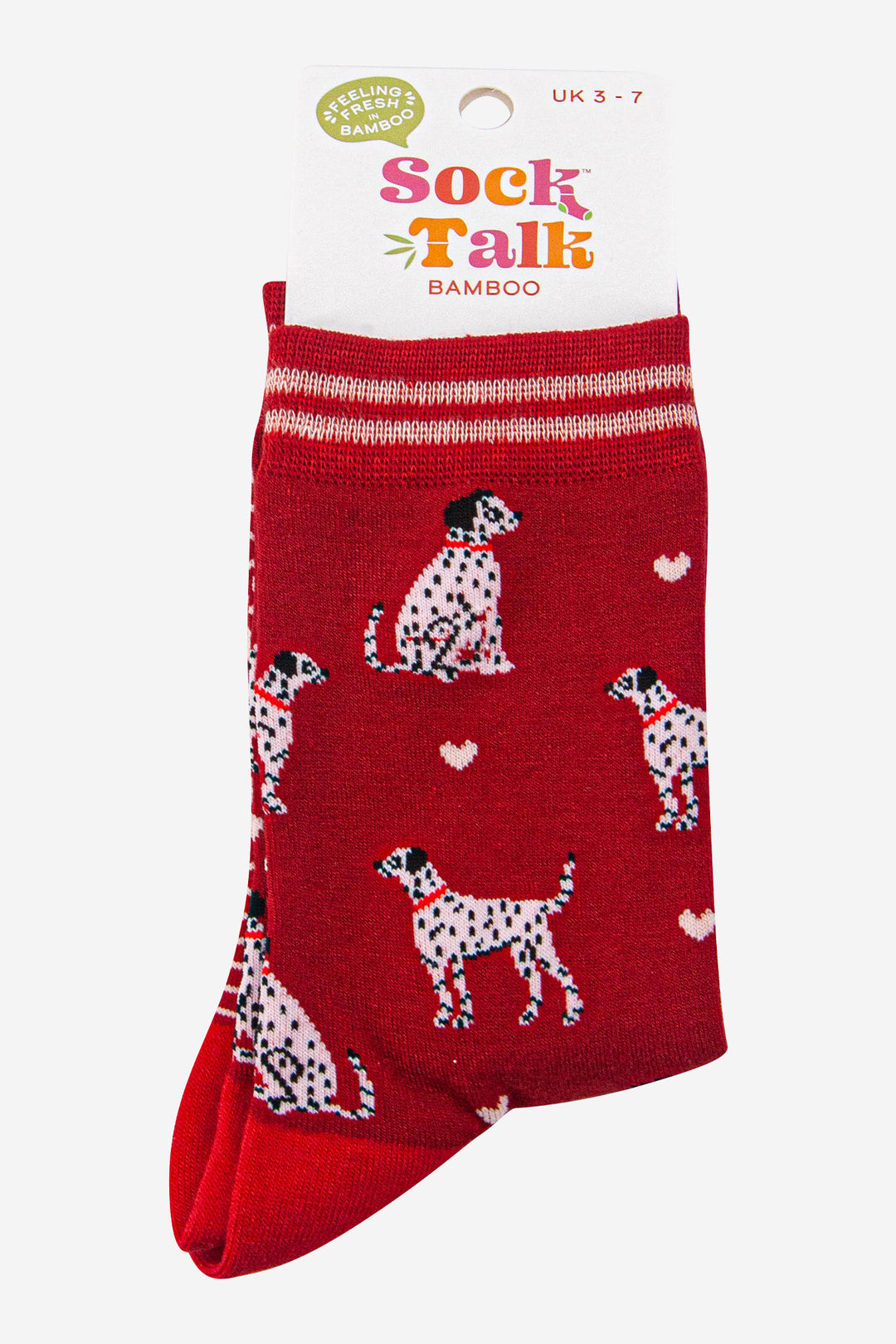 womens-bamboo-socks-red-cream-dalmatians-in-sock-talk-packaging