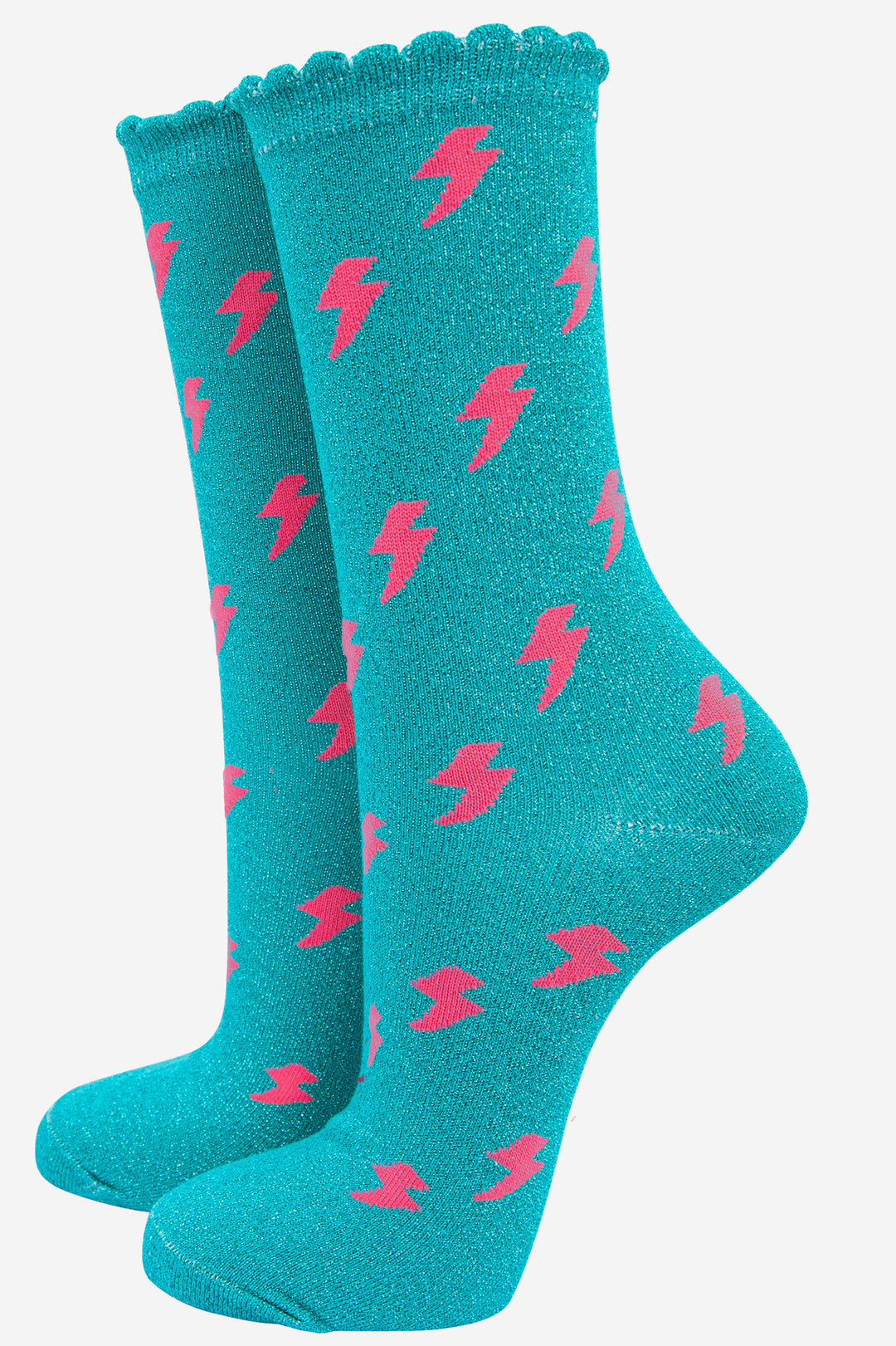 turquoise blue glitter socks with an all over pink lightning bolt pattern and glittery sparkle