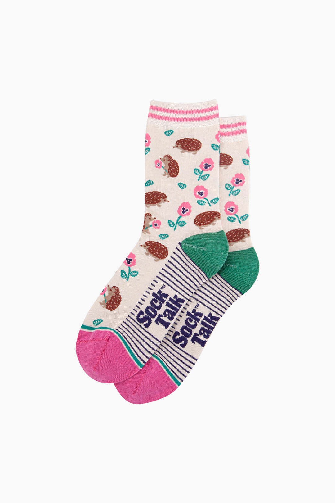 Hedgehog-Floral-Bamboo-Socks-in-Cream-Lying-Flat