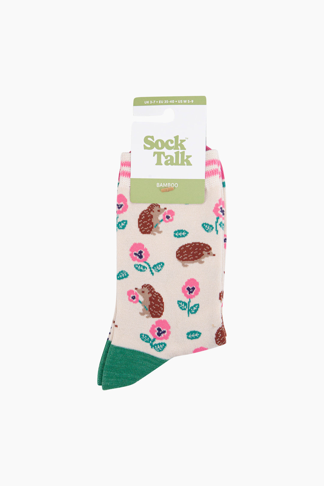 Hedgehog-Floral-Bamboo-Socks-in-Cream-In-Packaging