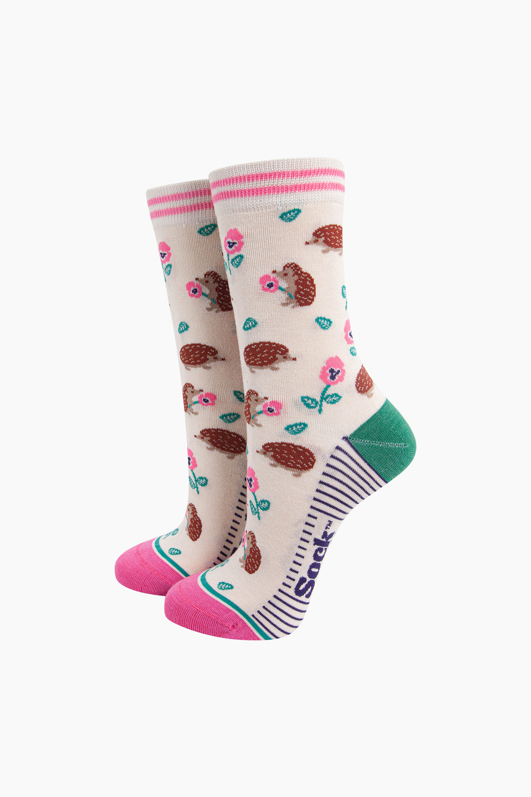 Hedgehog-Floral-Bamboo-Socks-in-Cream-Mannequin