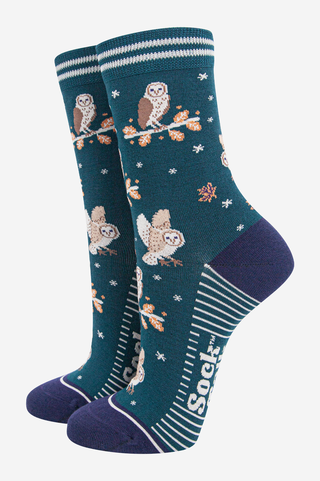 womens-bamboo-socks-forest-green-navy-blue-barn-owls-birds