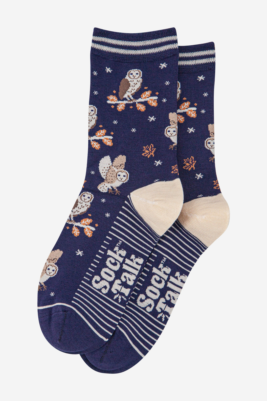 womens-bamboo-socks-navy-blue-barn-owls-laying-flat