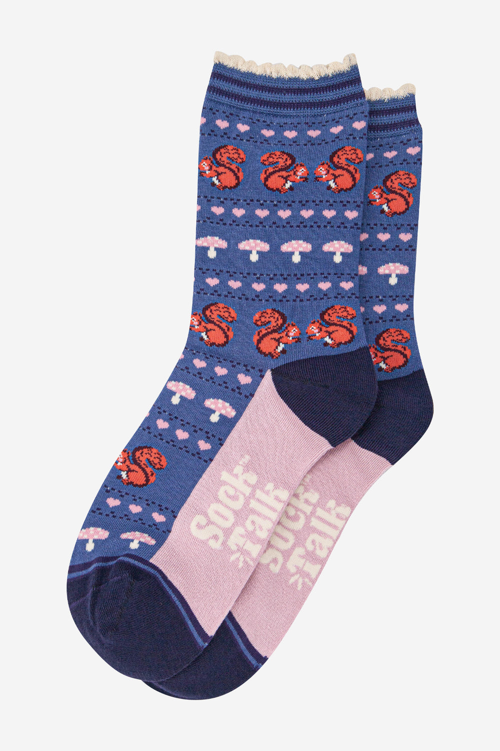 womens-bamboo-socks-denim-blue-navy-blue-squirrel-fair-isle-laying-flat