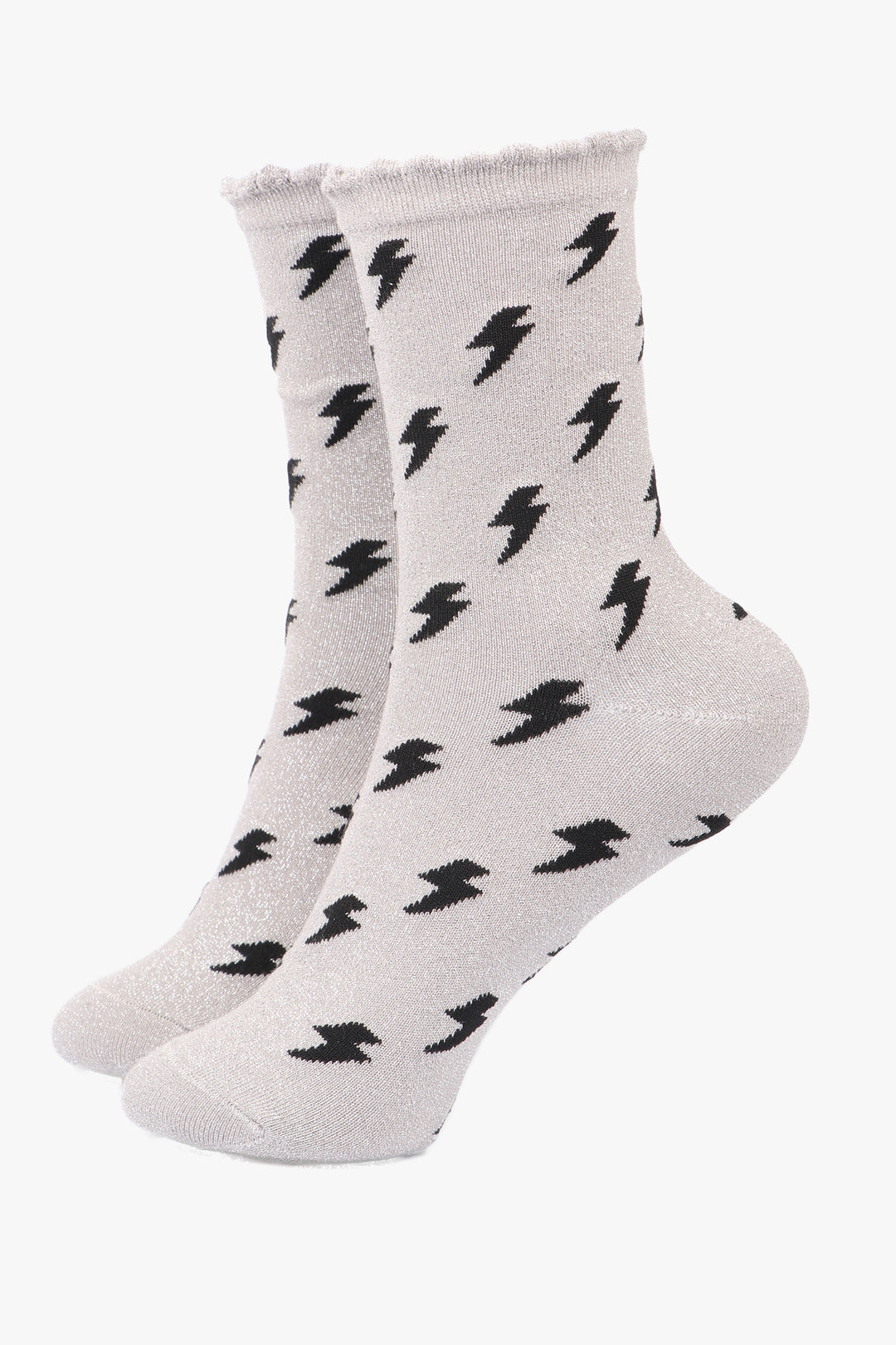 grey ankle socks with an all over pattern of black lightning bolts and a silver glitter sparkle