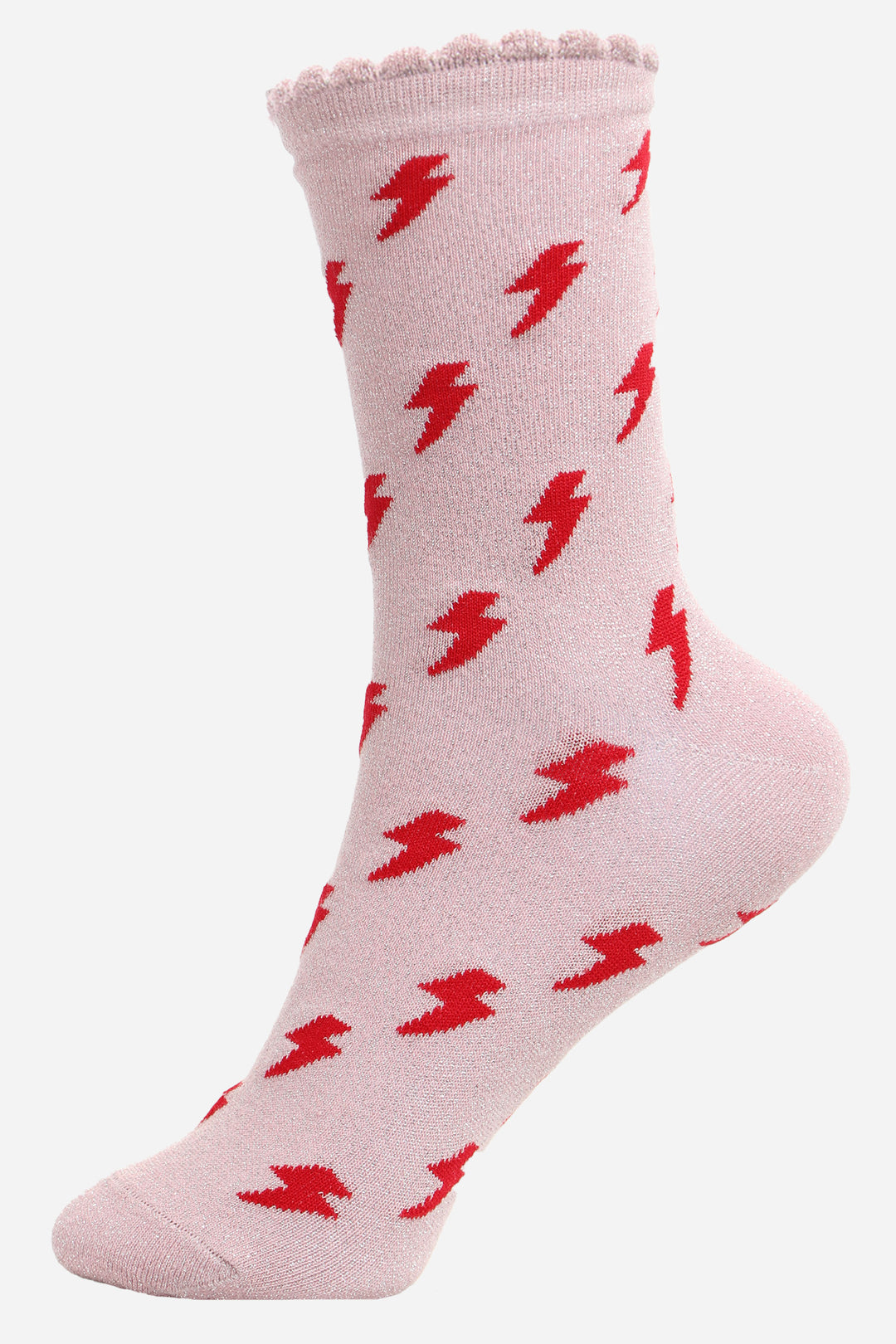 Light Pink Red Lightning Bolt Glitter Socks with Scalloped Cuffs