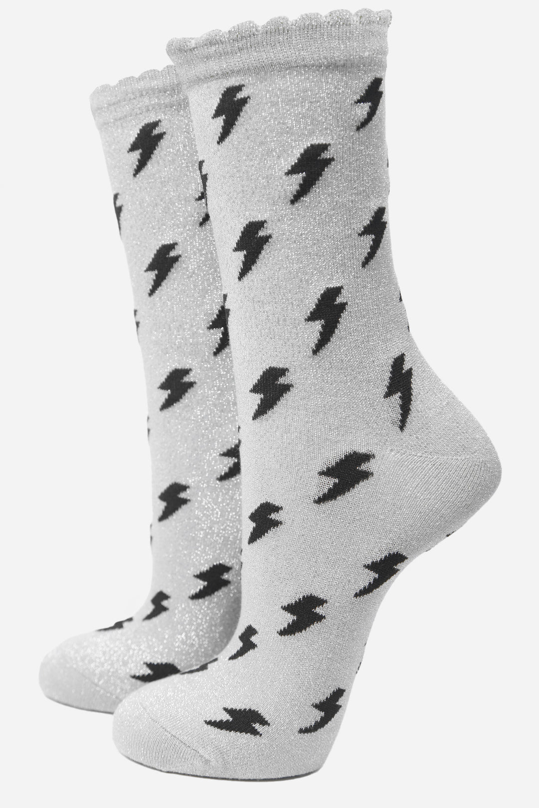 Light Grey Black Lightning Bolt Glitter Socks with Scalloped Cuffs