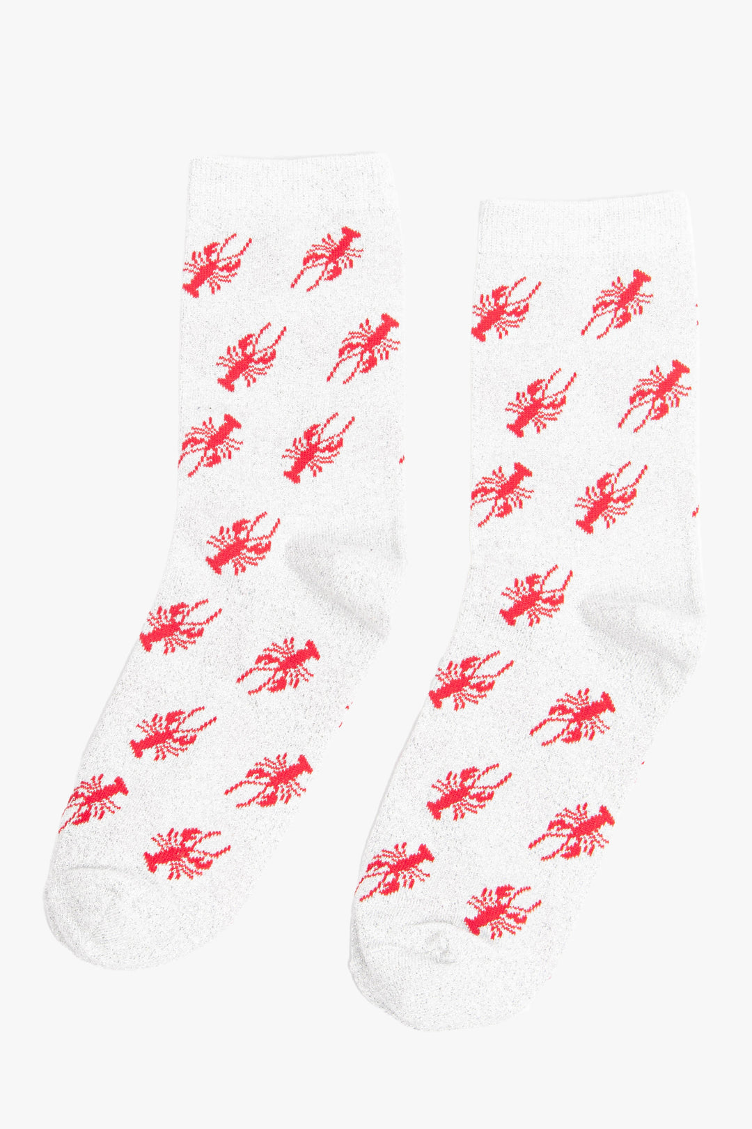 white and red lobster socks with an all over silver glitter sparkle