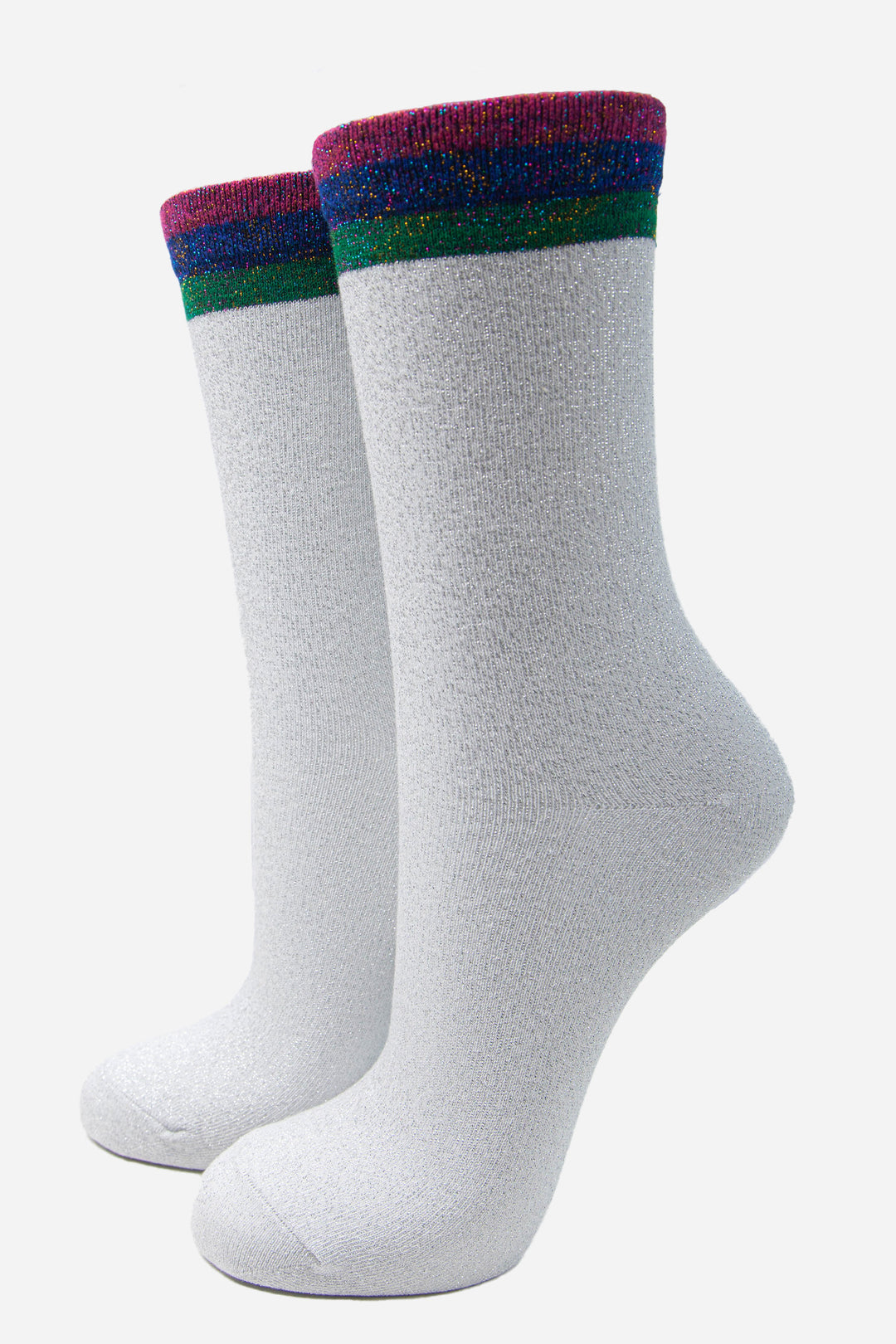 white socks with a rainbow striped cuff in green, blue and pink with an all over glitter sparkle