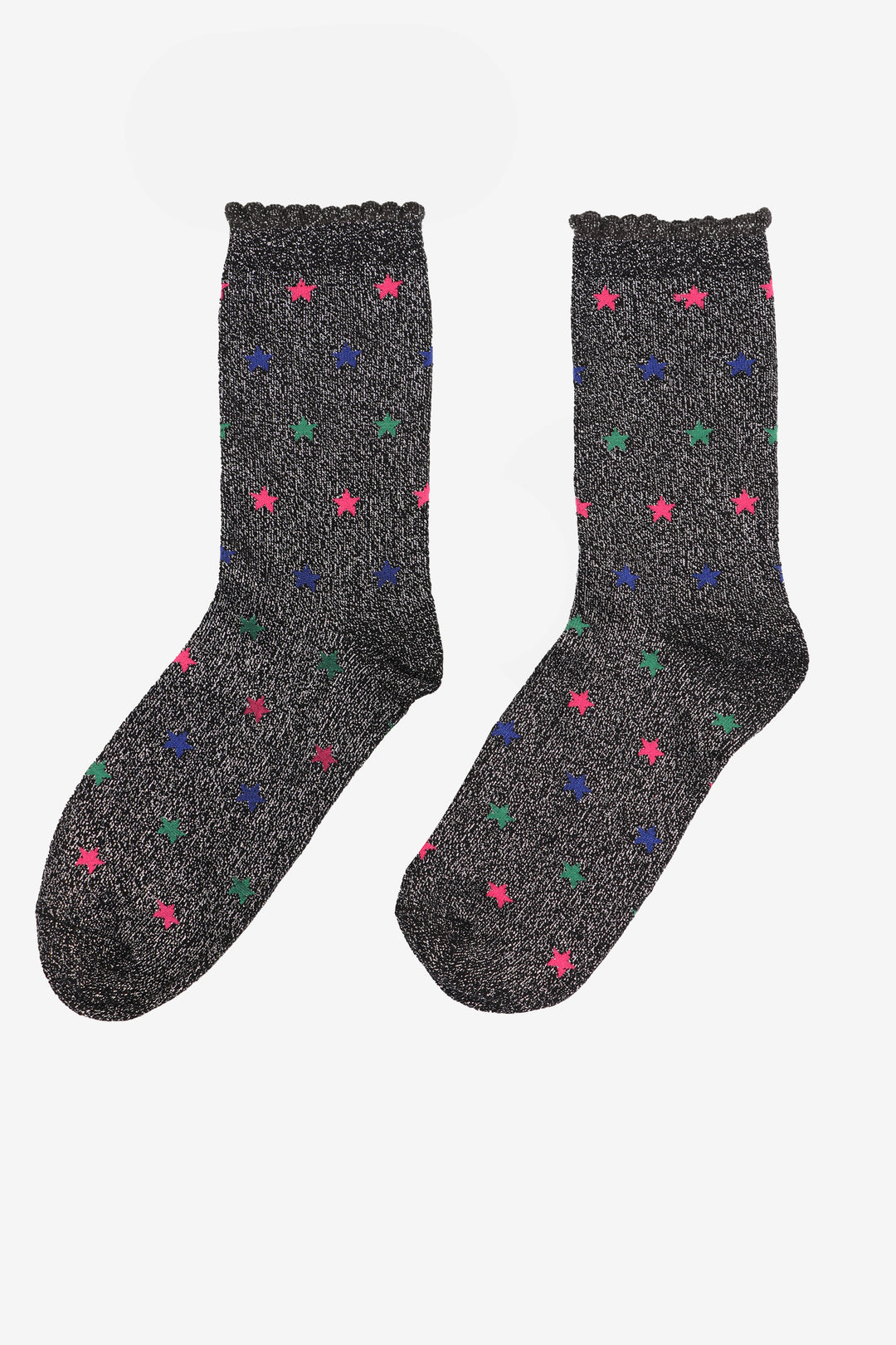 Black Multi Star Print Glitter Socks with Scalloped Cuffs