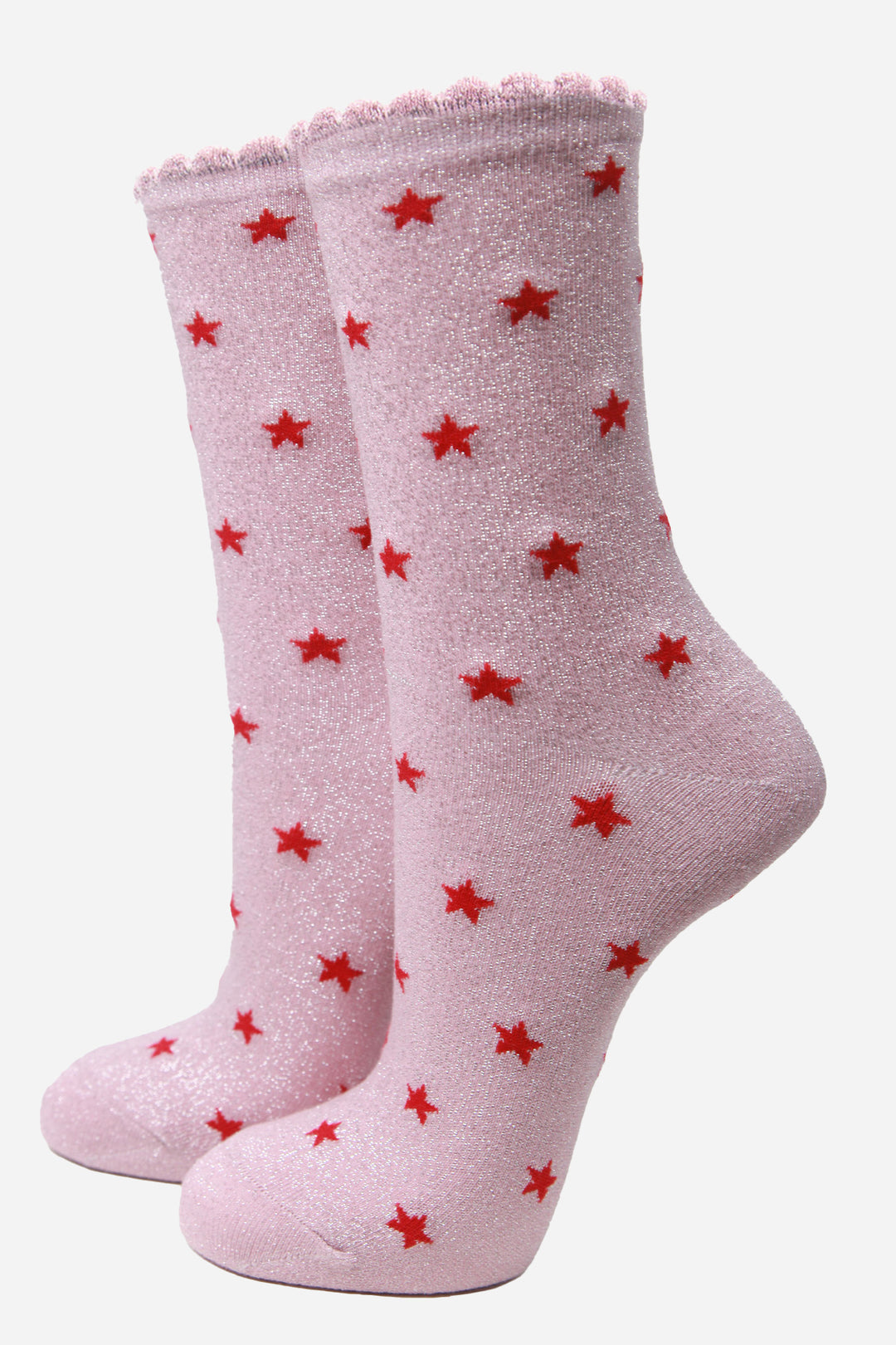 Light Pink Red Star Print Glitter Socks with Scalloped Cuff