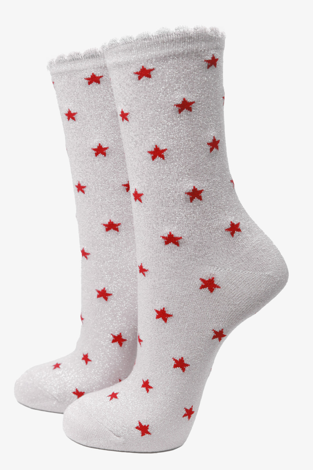 white scalloped cuff ankle socks with a red star pattern and all over silver sparkle