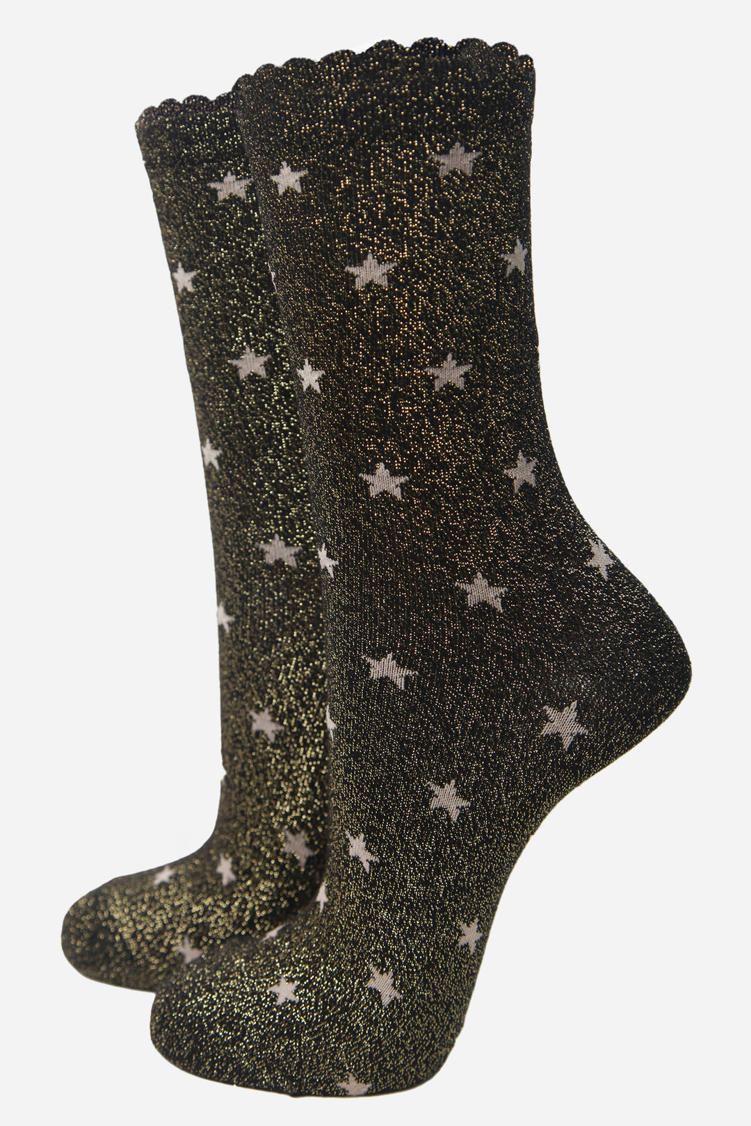 Black Light Gold Star Print Glitter Socks with Scalloped Cuff