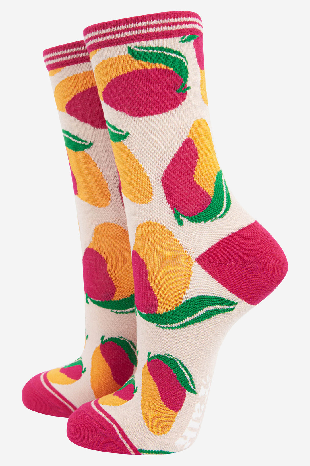 cream and pink bamboo socks with an all over mango fruit pattern