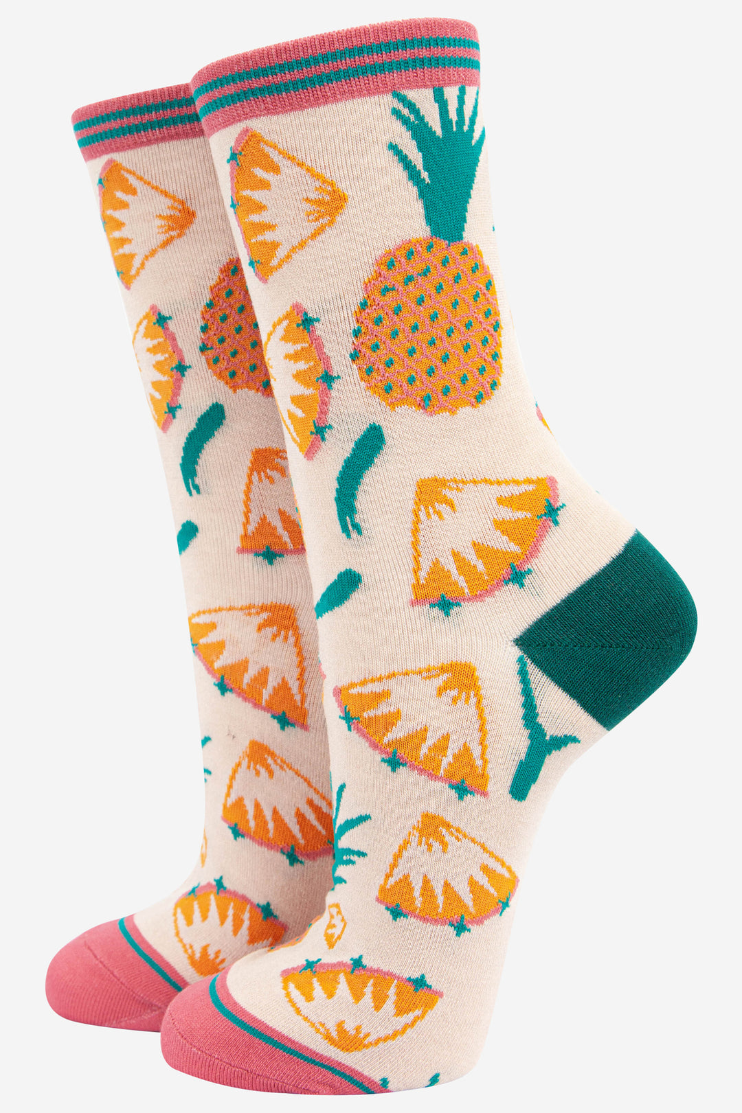 cream and pink bamboo ankle socks with an all over pattern of pineapples and pineapple slices