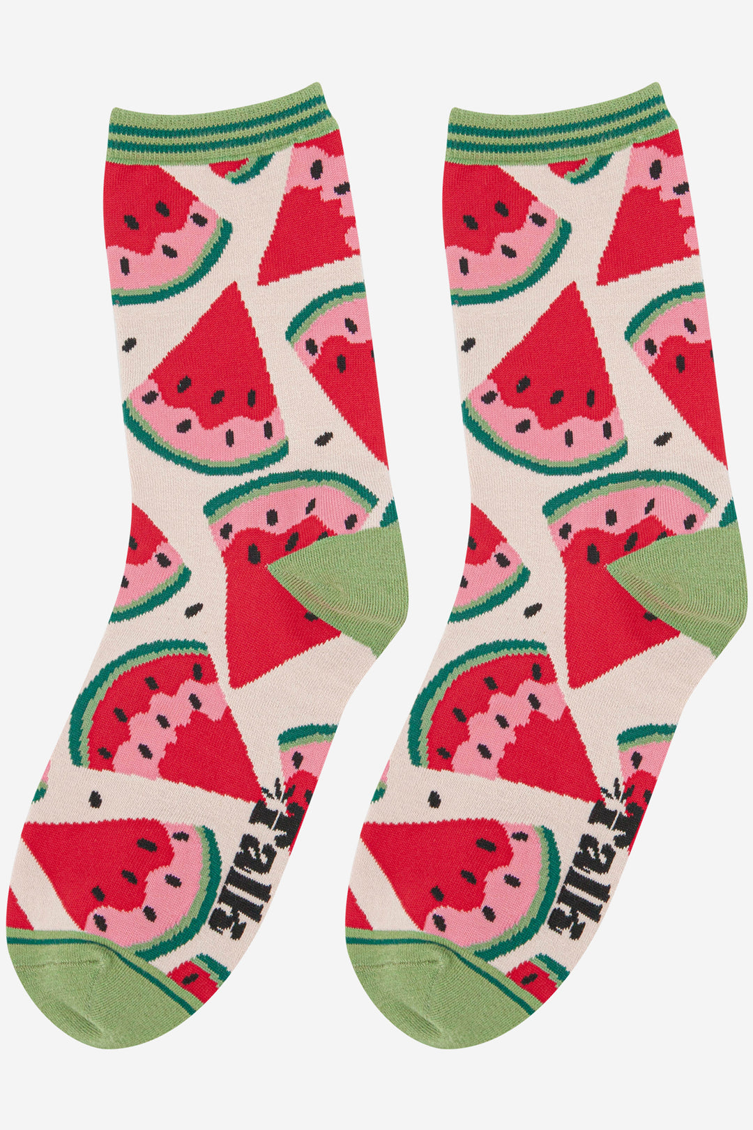 womens watermelon fruit slice socks in green and red