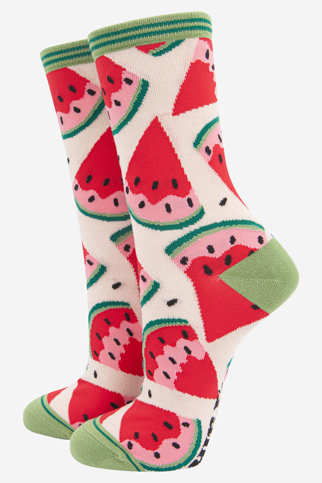 cream and green bamboo socks with an all over pattern of red watermelon slices