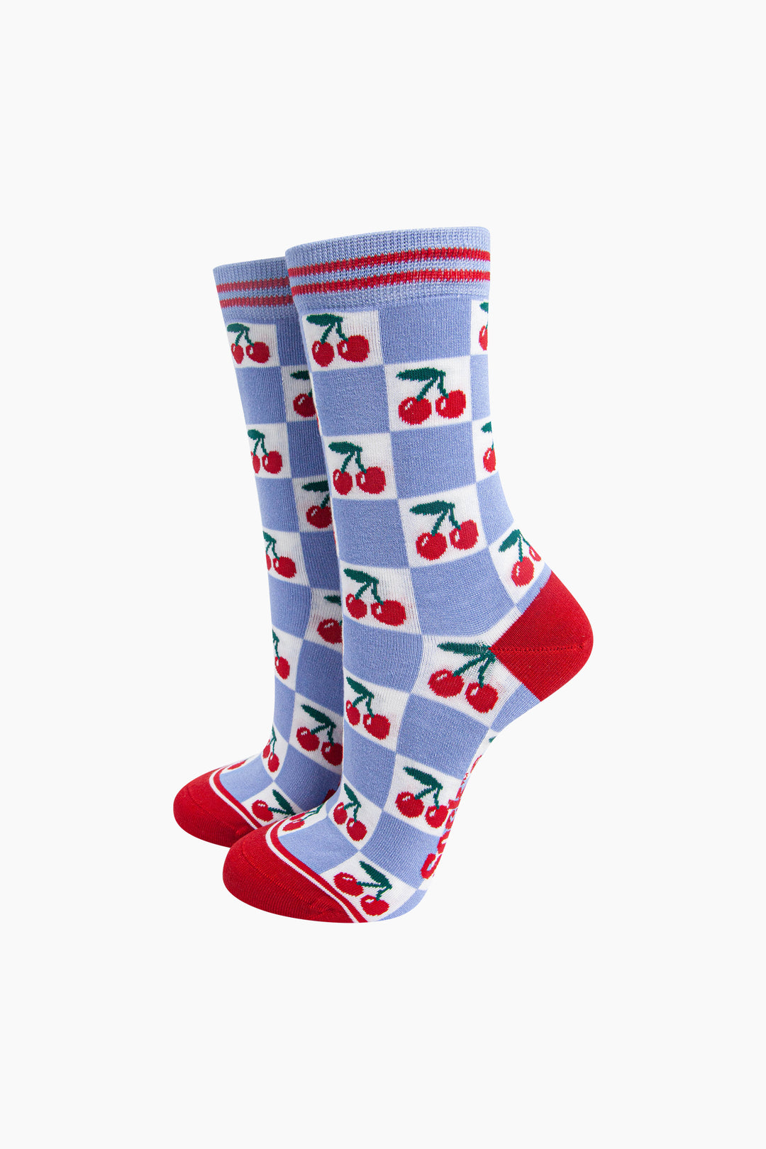 Cherry-Checkerboard-Bamboo-Socks-in-Blue-On-Foot-Mannequin