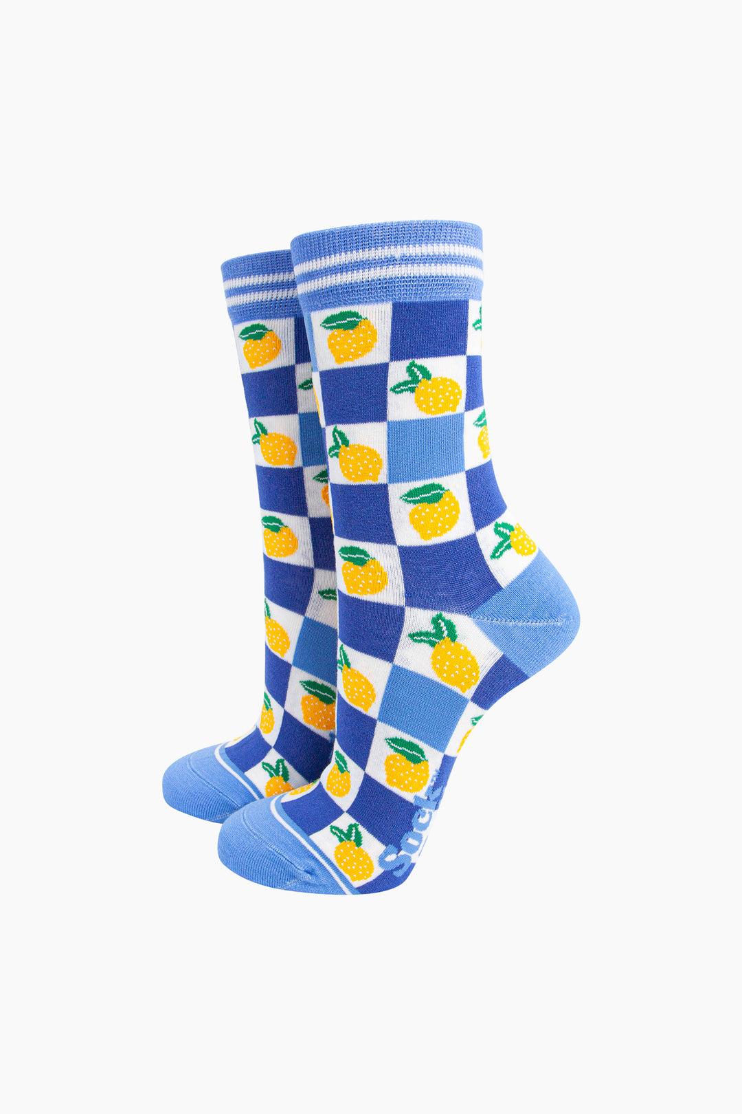 Lemon-Checkerboard-Bamboo-Socks-in-Blue-Mannequin