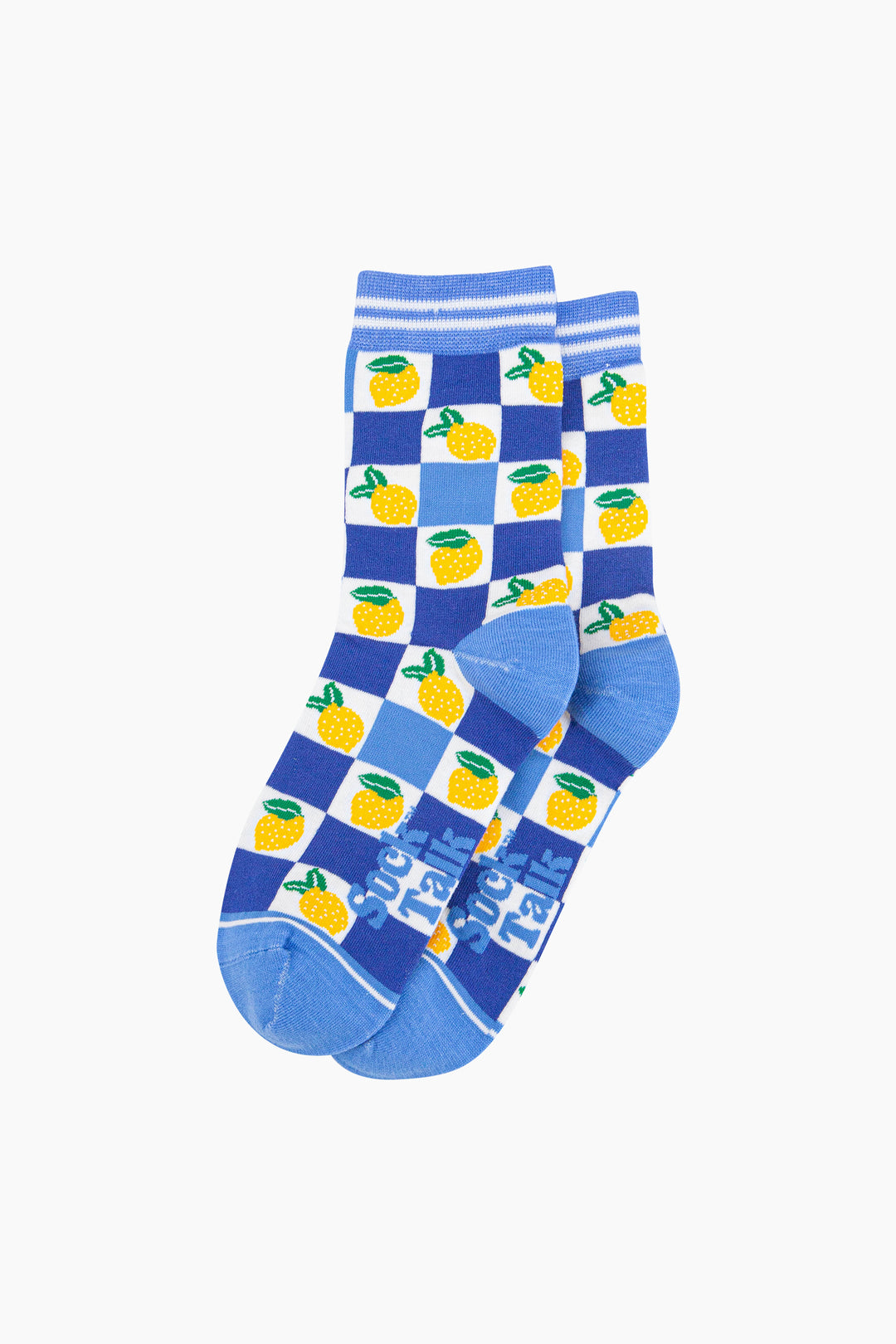 Lemon-Checkerboard-Bamboo-Socks-in-Blue-laid-flat