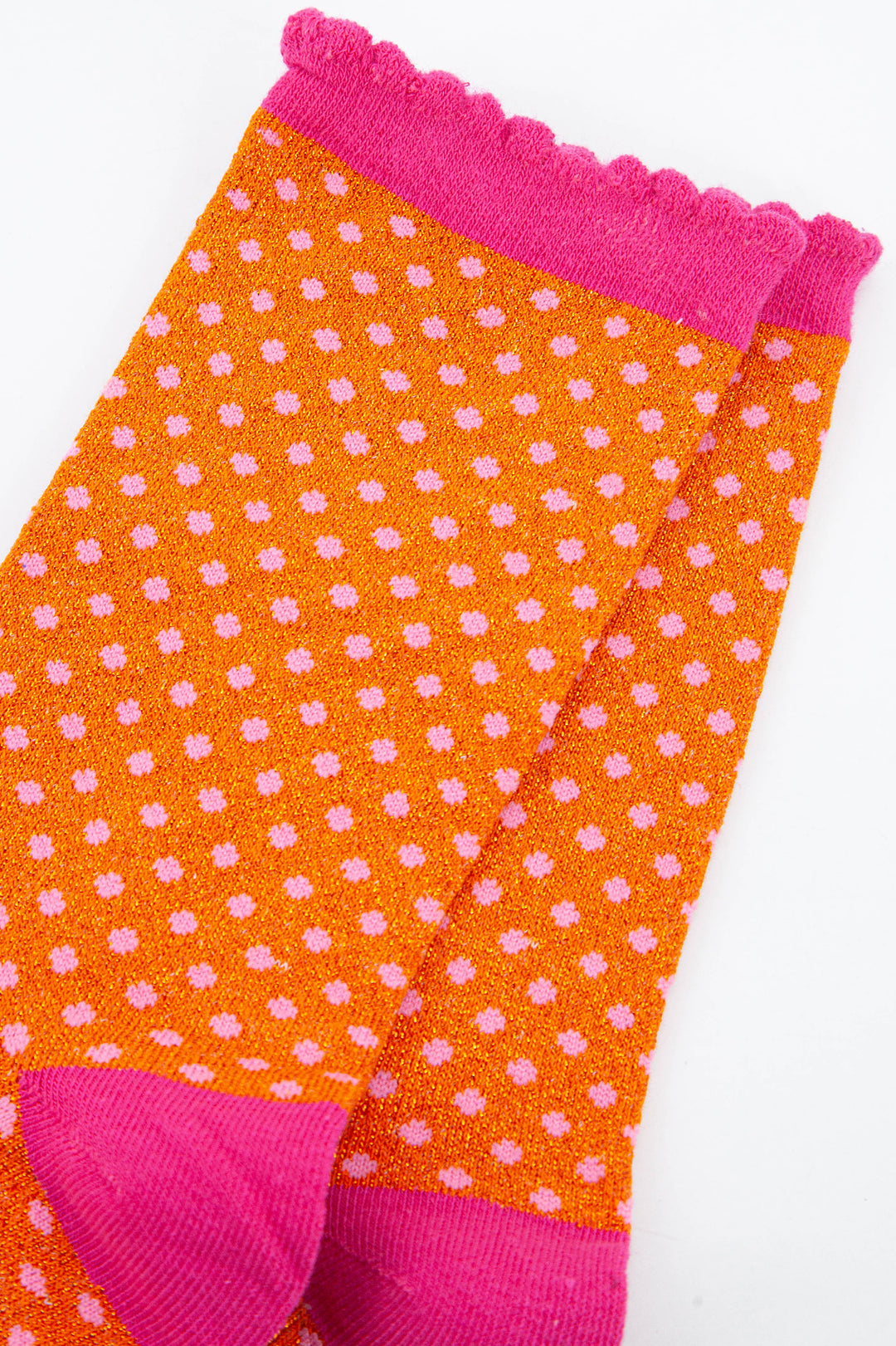 close up of the sparkly pink and orange material of the ankle socks