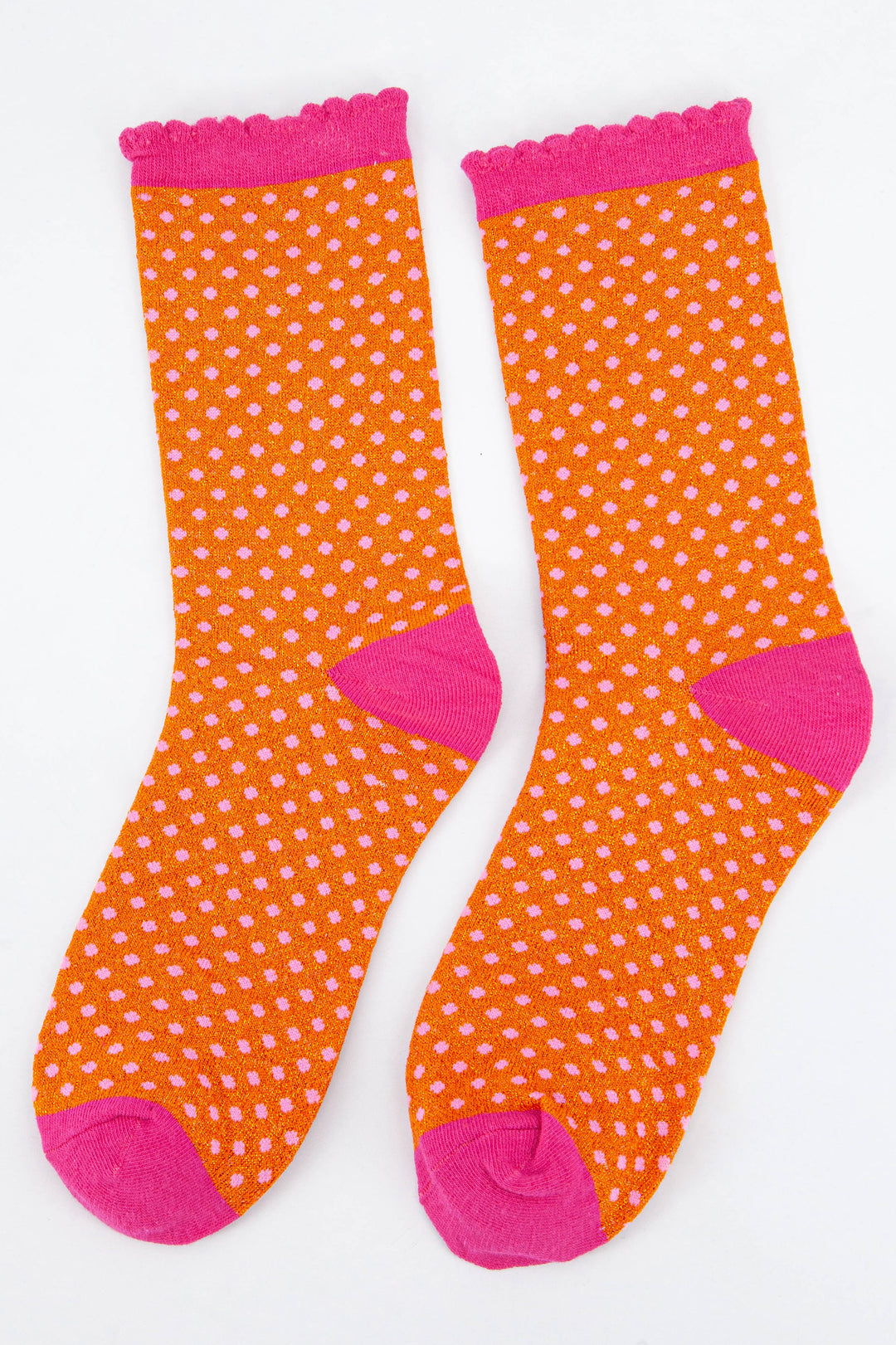 orange and pink polka dot glitter ankle socks with an all over sparkly shimmer