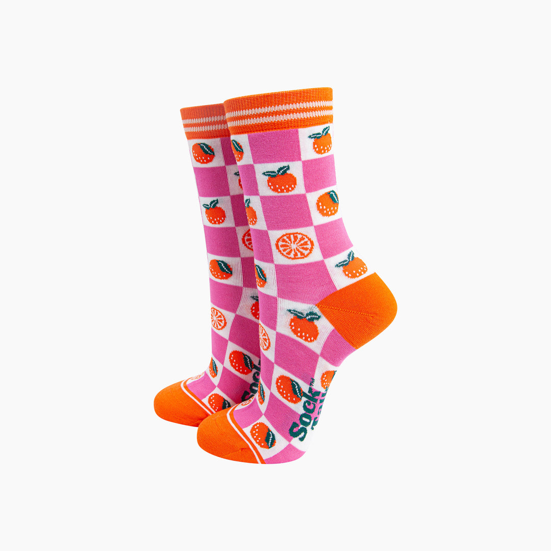 Orange-Checkerboard-Bamboo-Socks-in-Pink-Mannequin