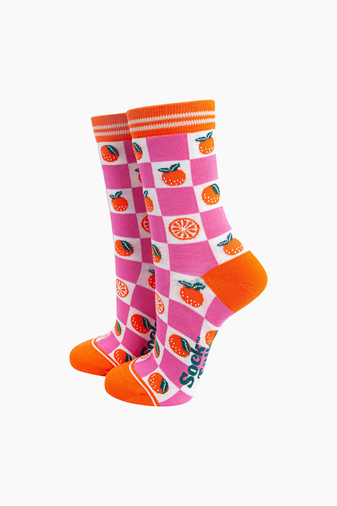 Orange-Checkerboard-Bamboo-Socks-in-Pink-Mannequin