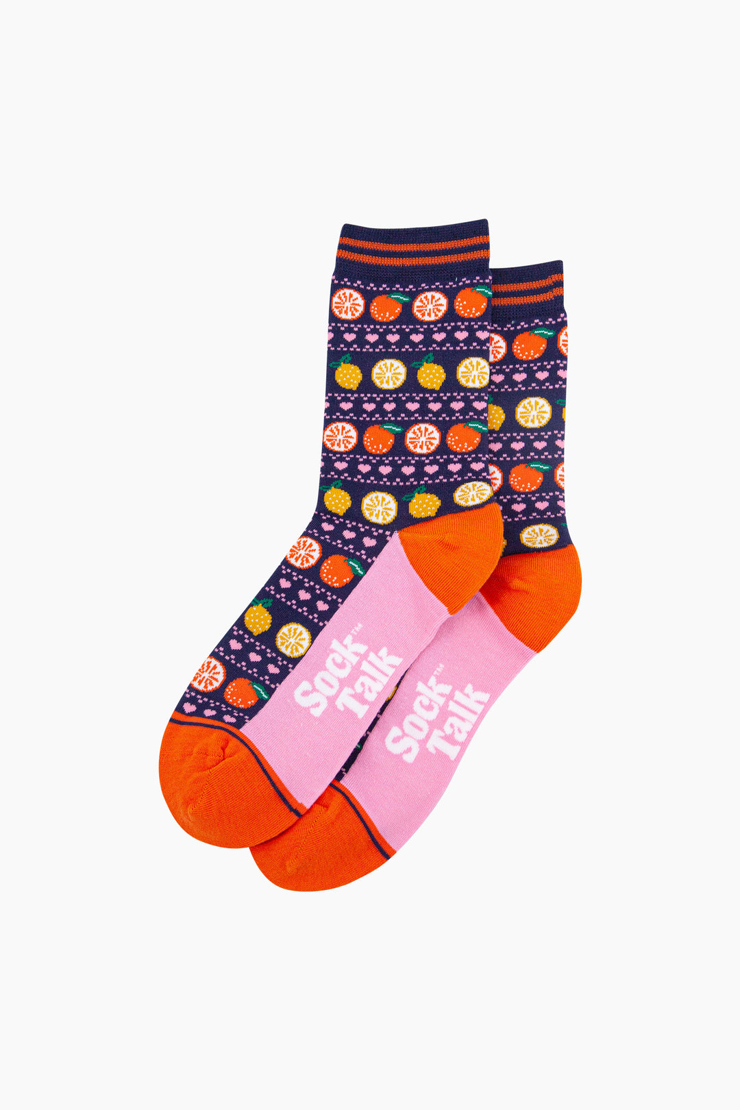 Oranges-&-Lemons-Bamboo-Socks-in-Navy-Blue-Lying-Flat