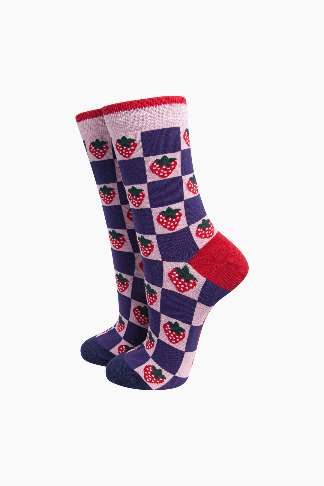 Strawberry-Squares-Women's-Bamboo-Socks-in-Pink/Navy-Blue-On-Mannequin