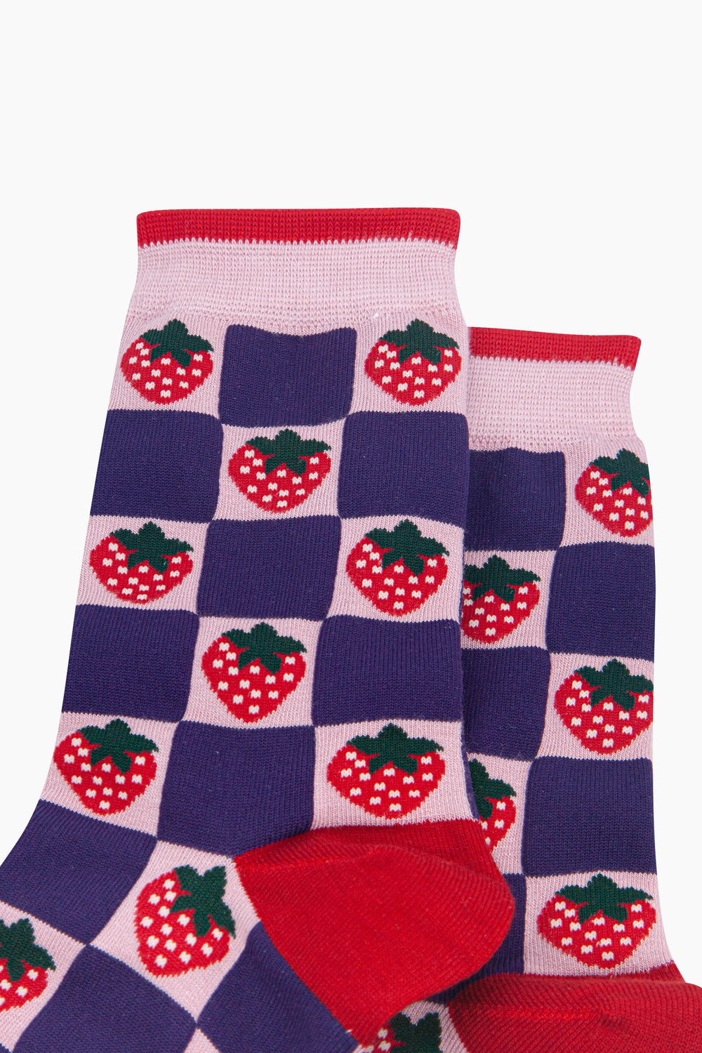 Strawberry-Squares-Women's-Bamboo-Socks-in-Pink/Navy-Blue-Close-Up