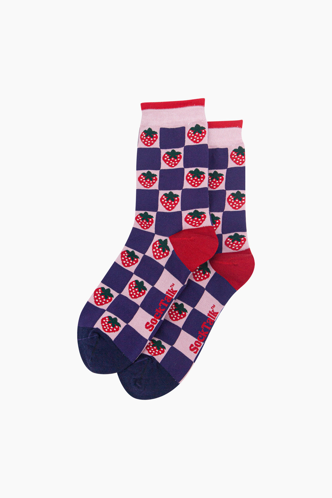 Strawberry-Squares-Women's-Bamboo-Socks-in-Pink/Navy-Blue-Laid-Flat