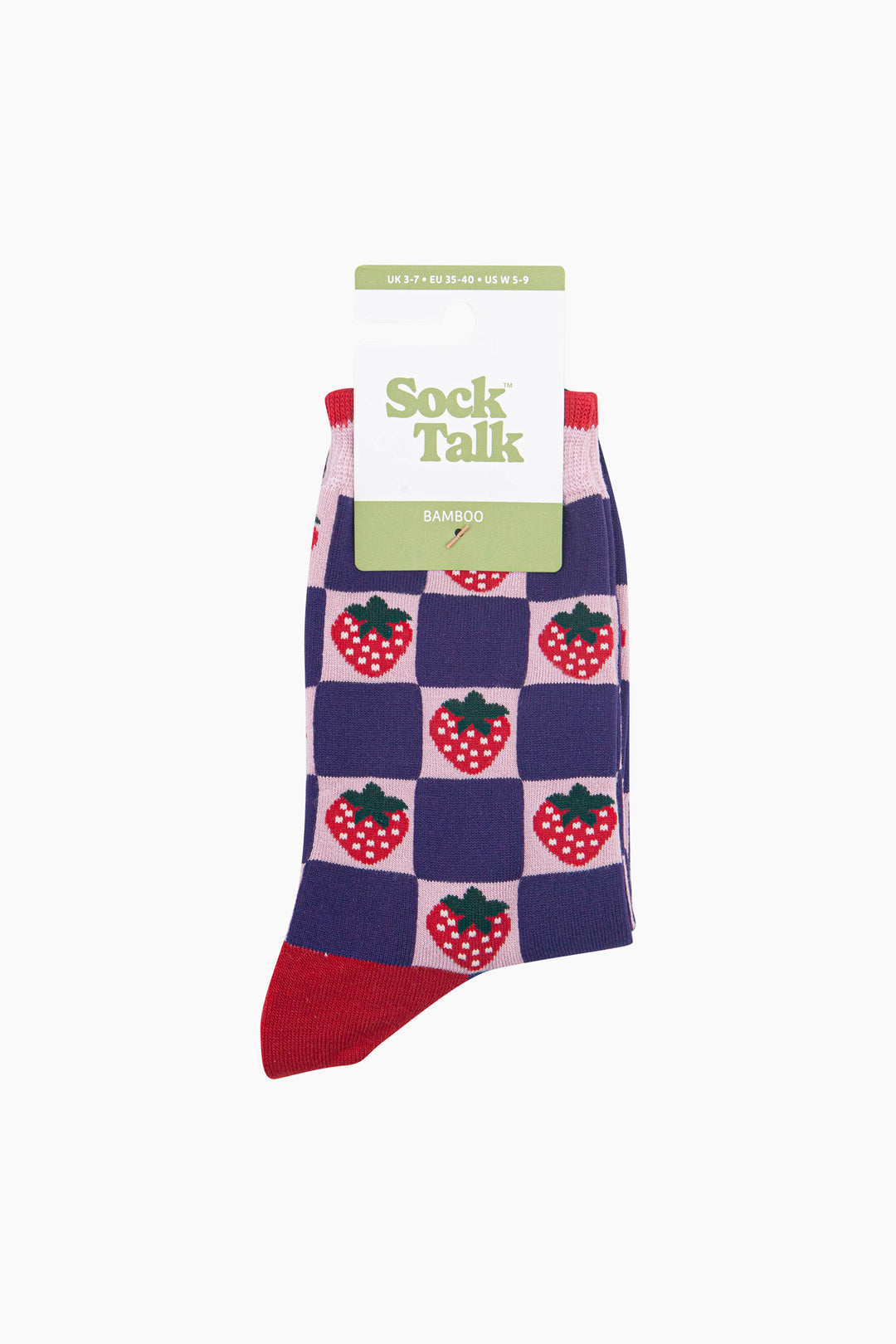 Strawberry-Squares-Women's-Bamboo-Socks-in-Pink/Navy-Blue-In-Packaging