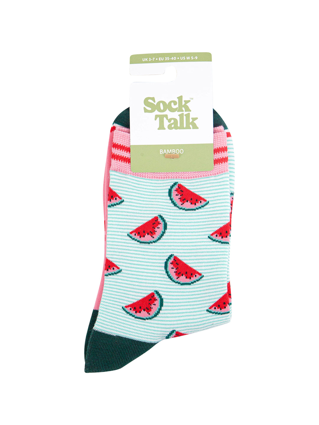Sliced-Watermelon-Bamboo-Socks-in-Green-In-Packaging