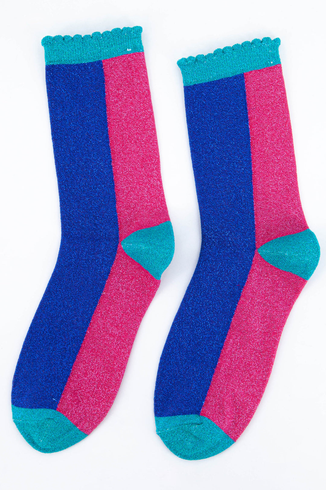 blue and pink sparkly ankle socks with scalloped edges