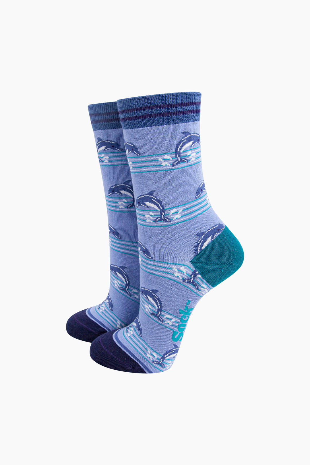 Dolphins-Striped-Bamboo-Socks-in-Blue-On-Mannequin