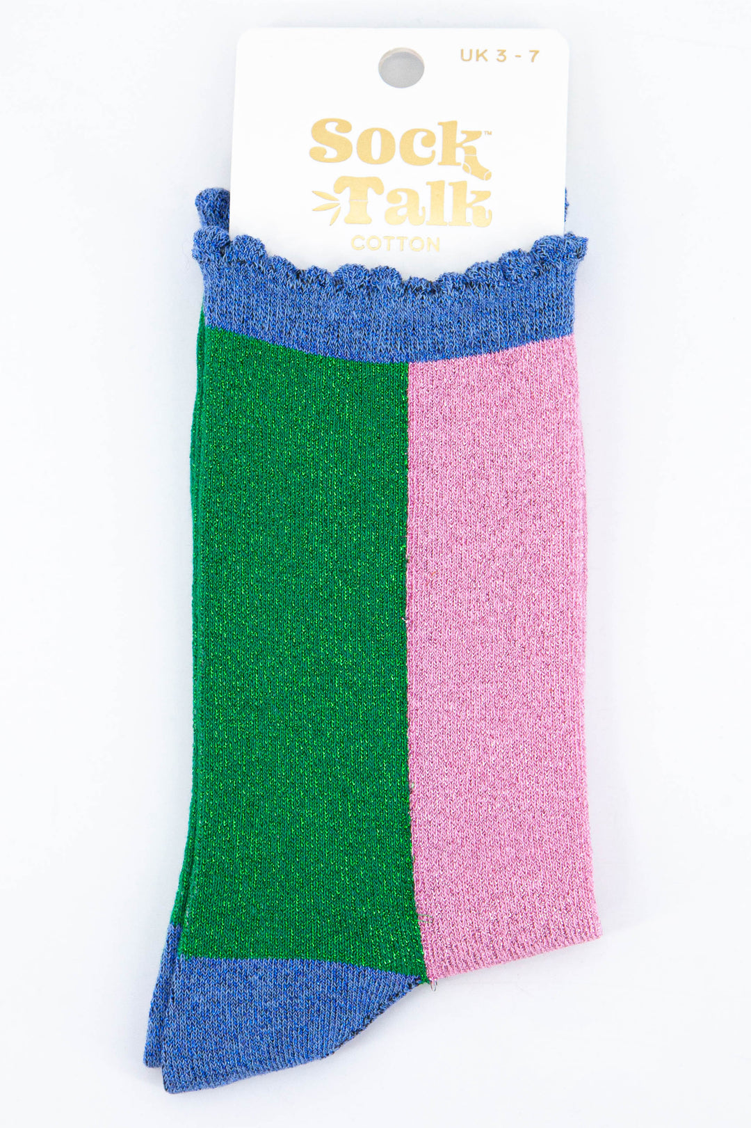 green and pink glitter ankle socks with blue scalloped edges uk size 3-7