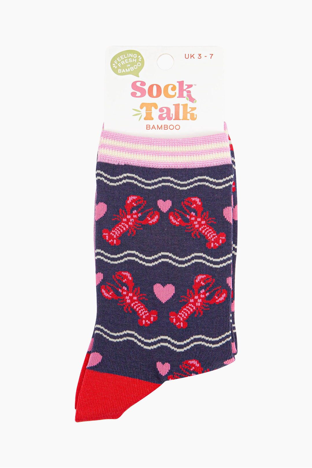 women's bamboo navy blue and red lobster socks in their sock talk packaging, the socks are a uk size 3-7.