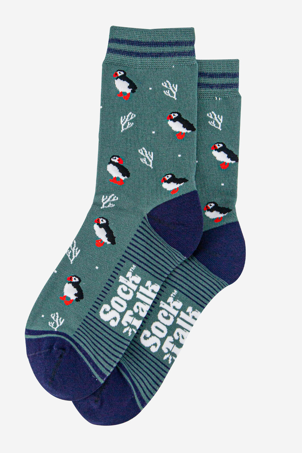 womens-bamboo-socks-sage-green-navy-blue-puffins-and-coral-laying-flat