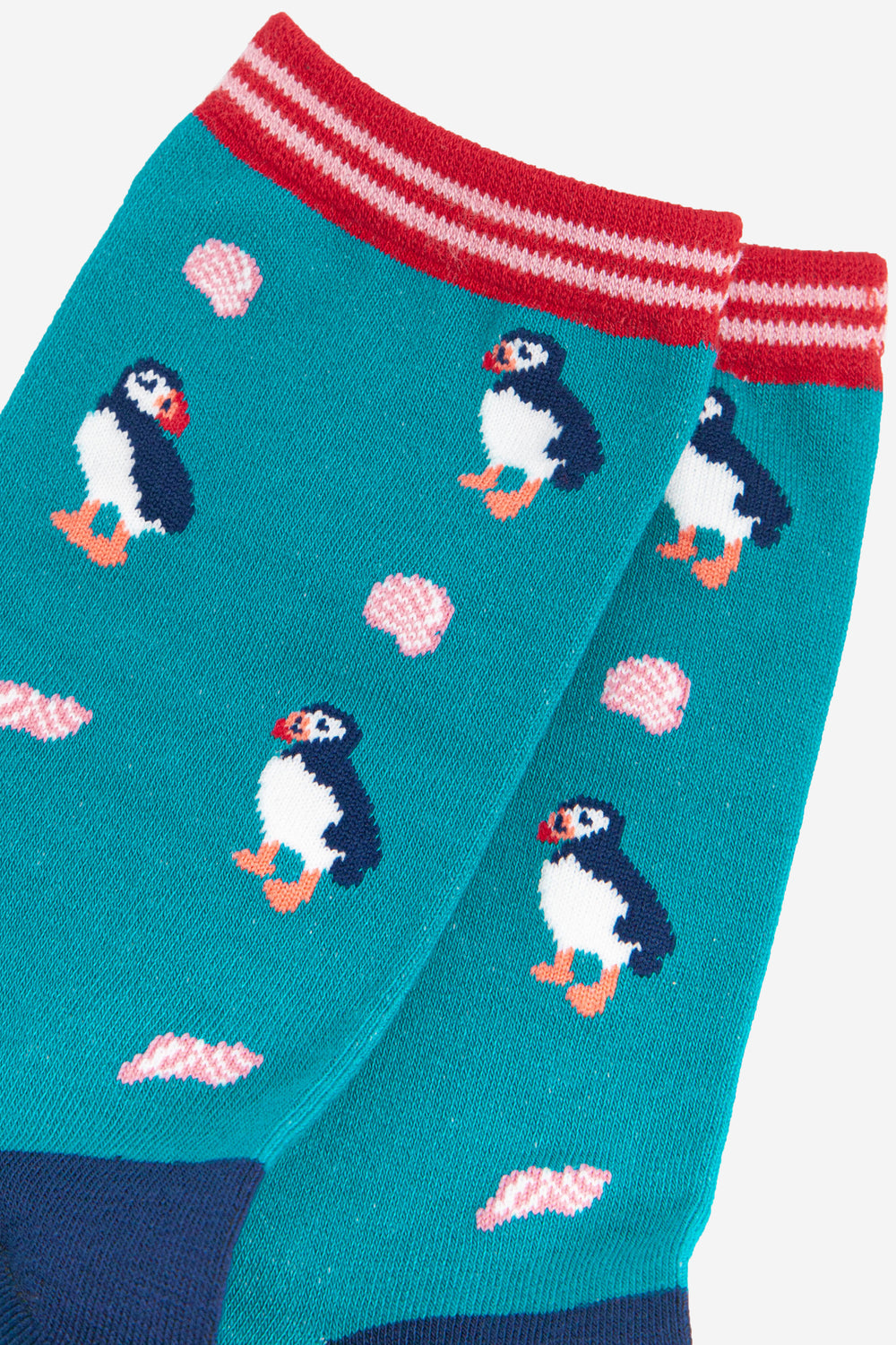 close up of the puffin pattern and of the striped cuff on the bamboo ankle socks