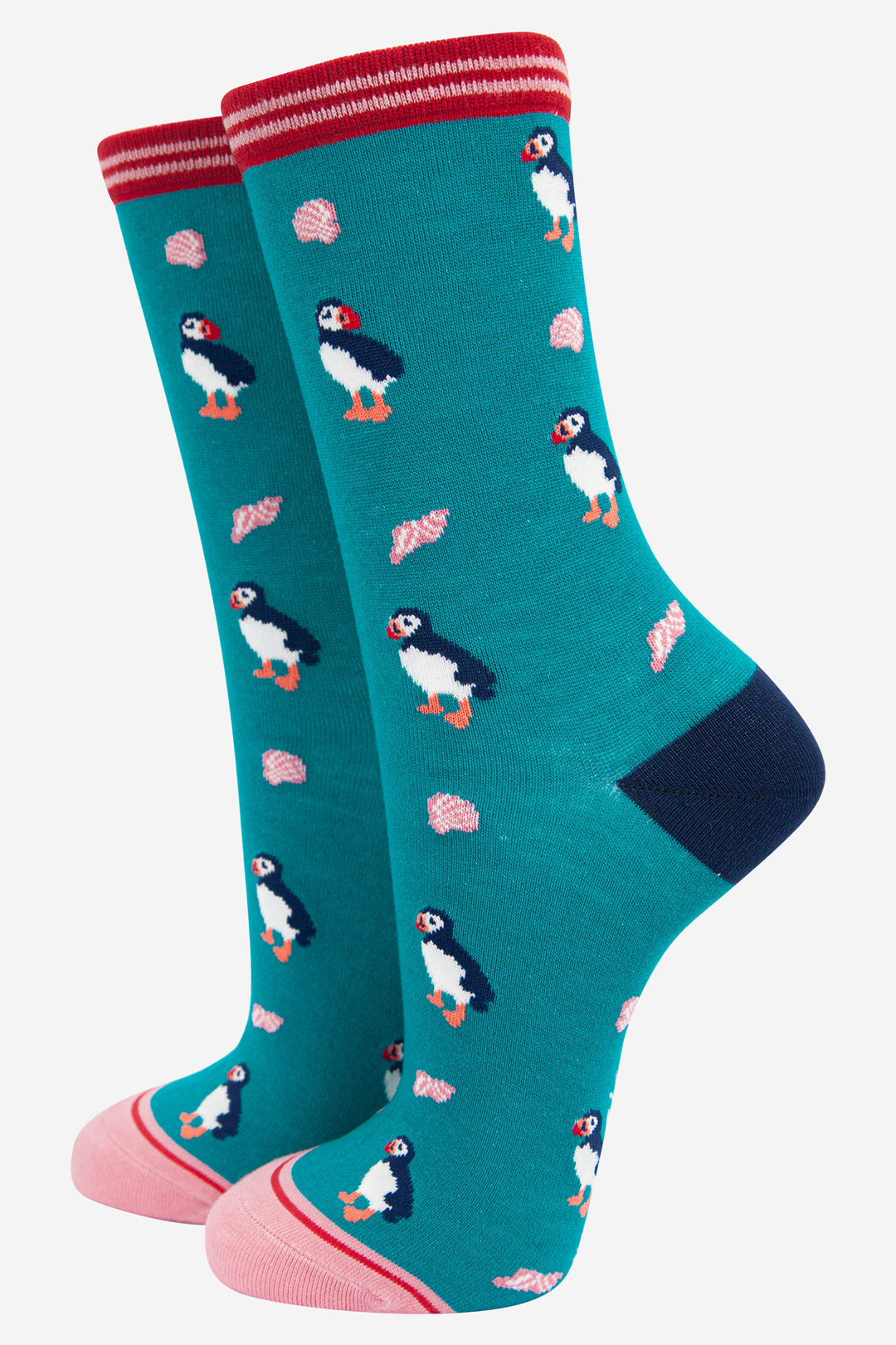 turquoise bamboo socks with an all over puffin bird and seashell pattern