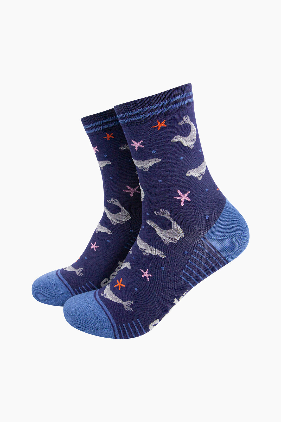 Swimming-Seals-Bamboo-Socks-in-Navy-Blue-Mannequin