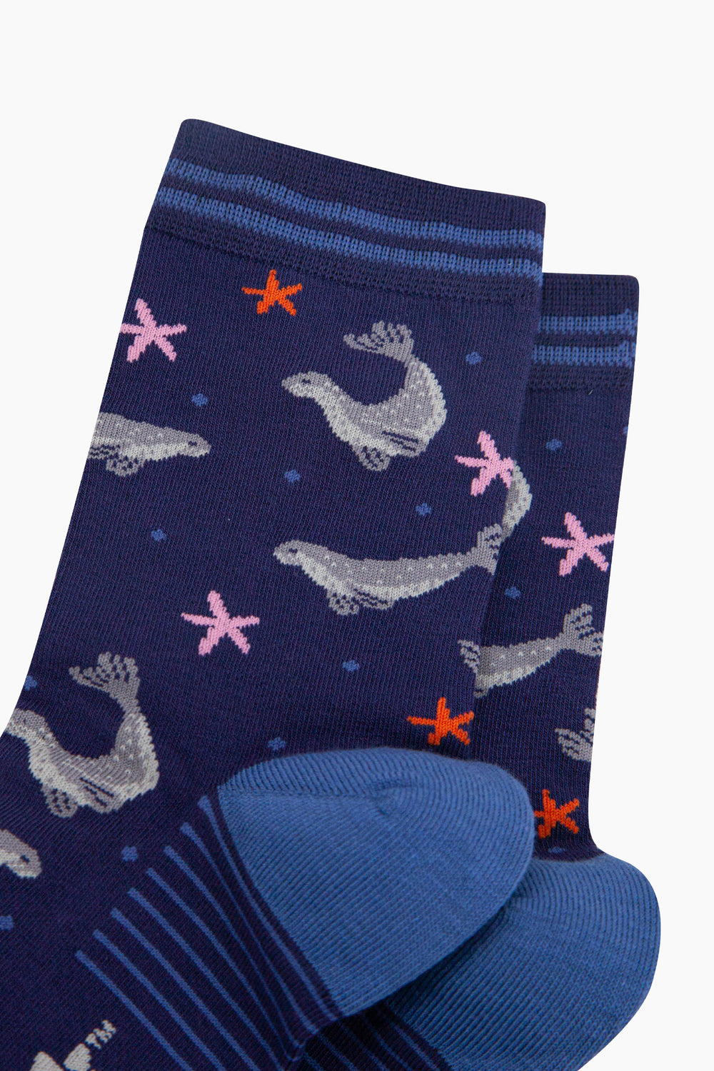 Swimming-Seals-Bamboo-Socks-in-Navy-Blue-Closeup