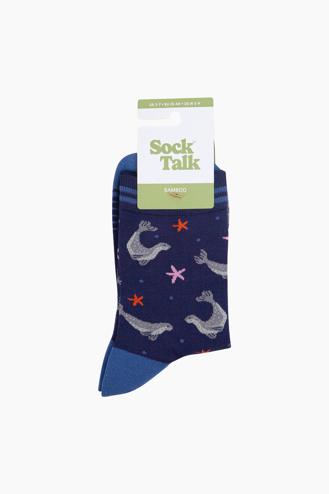 Swimming-Seals-Bamboo-Socks-in-Navy-Blue-In-Packaging