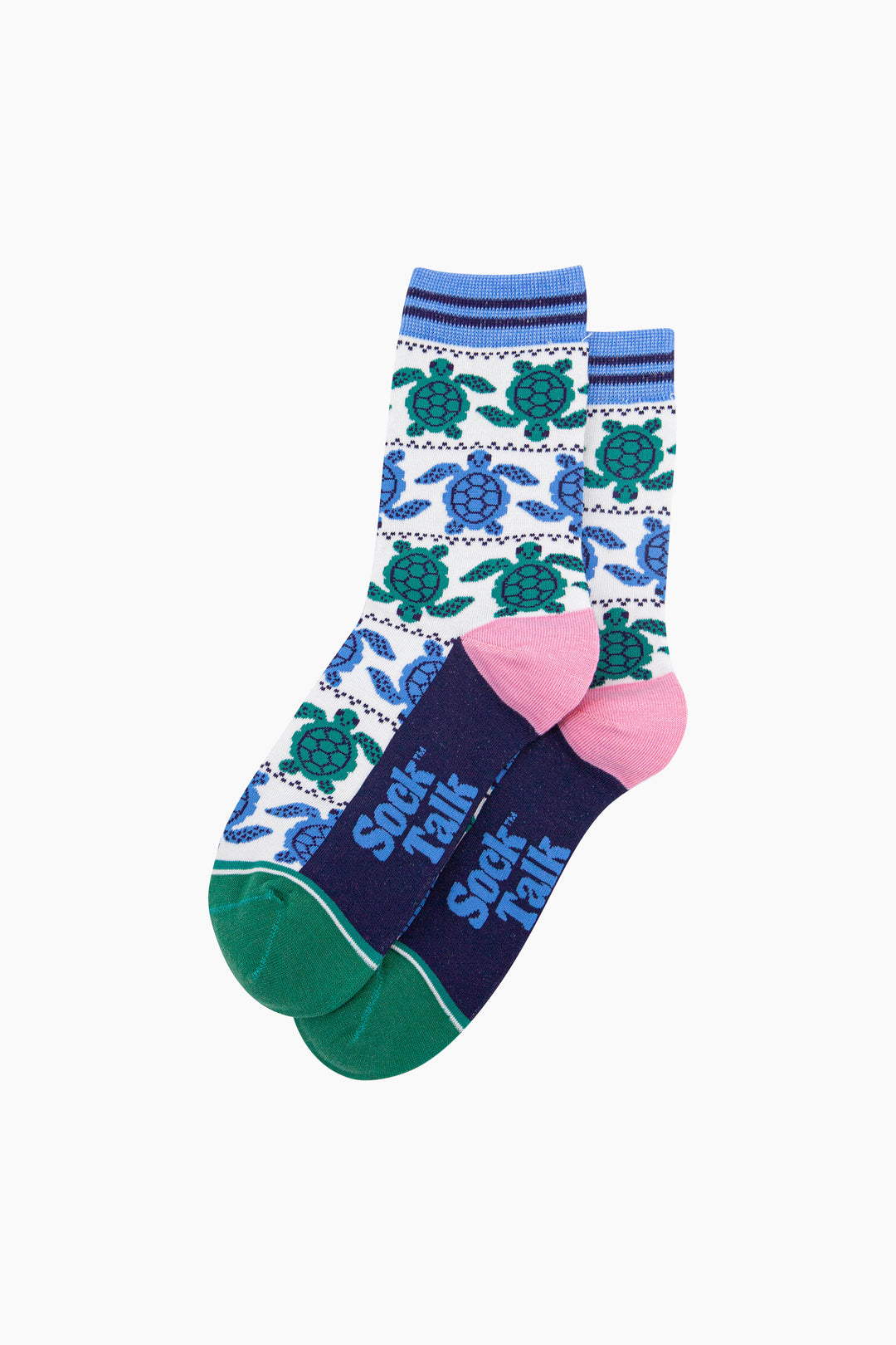 Sea-Turtle-Bamboo-Socks-in-White/Blue-Lying-Flat