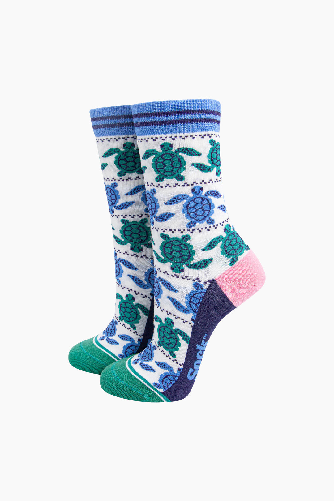 Sea-Turtle-Bamboo-Socks-in-White/Blue-Mannequin