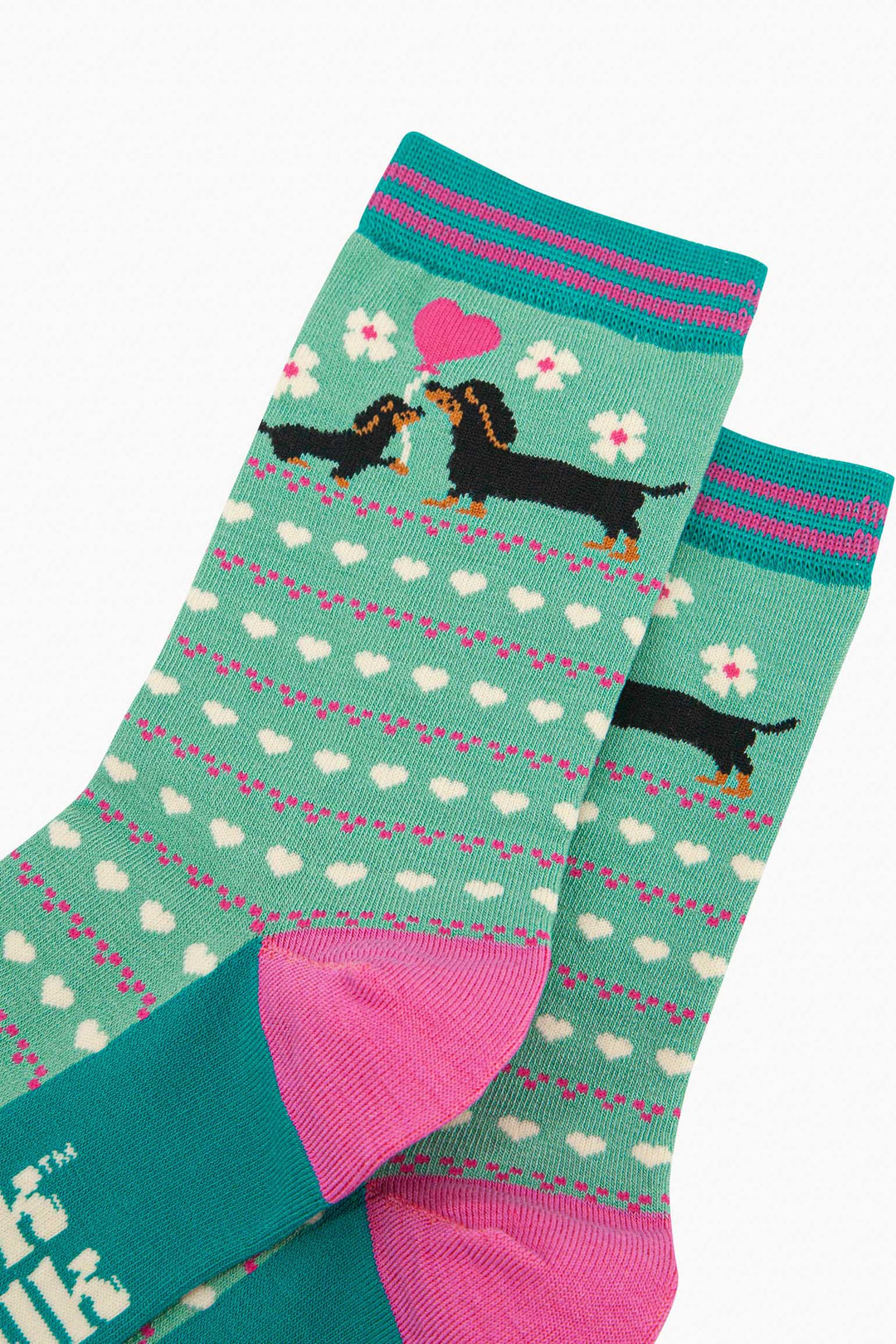 womens-bamboo-socks-mint-sausage-dog-puppy-close-up-adult-dachshund-baby-pink-love-heart-balloon-white-flowers