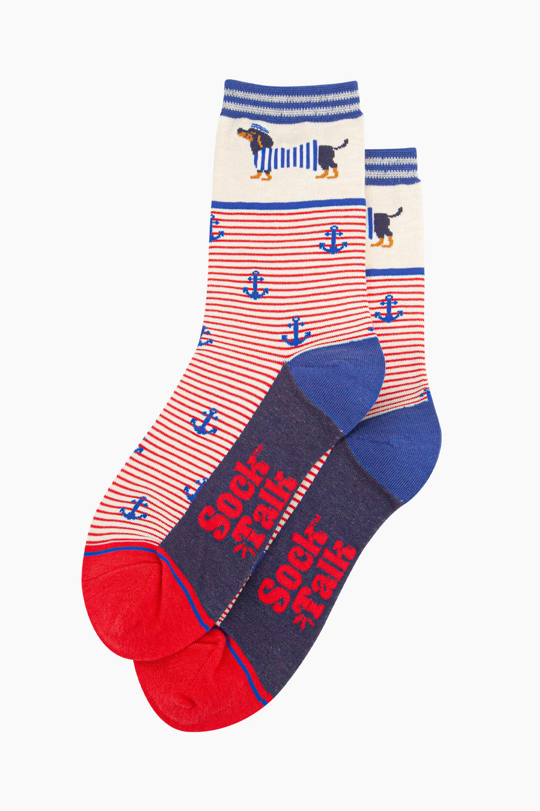 womens-bamboo-socks-cream-sausage-dog-sailor-stripe-laying-flat-red-stripes-blue-anchors-weiner-dogs