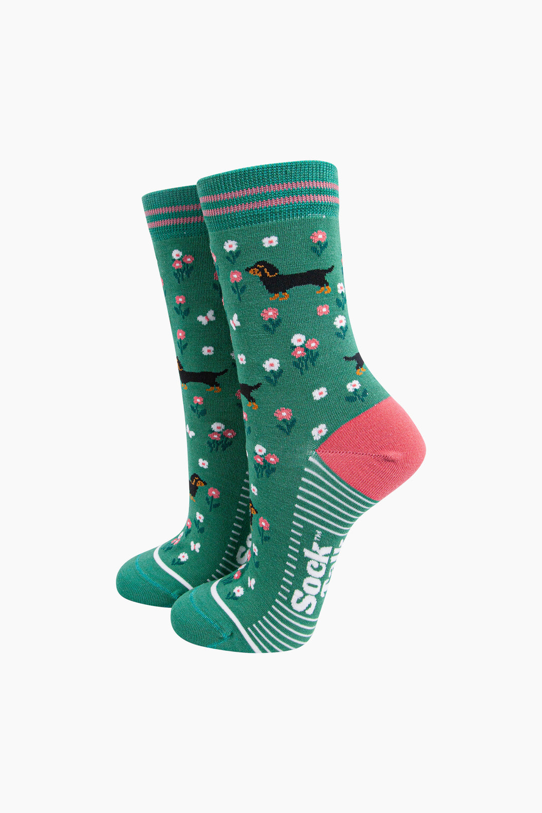 Sausage-Dog-Floral-Bamboo-Socks-in-Green-On-Mannequin